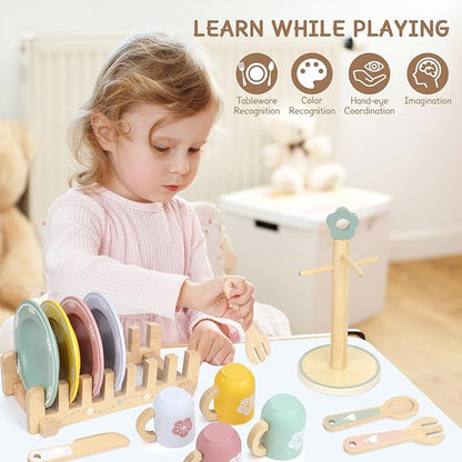 20 PCS Kitchen Playset with Wooden Toy Plates and Dishes, Montessori Kitchen Toys for Girls and Boys, Wooden Play Kitchen Accessories for Kids Toddlers Aged 3 and up