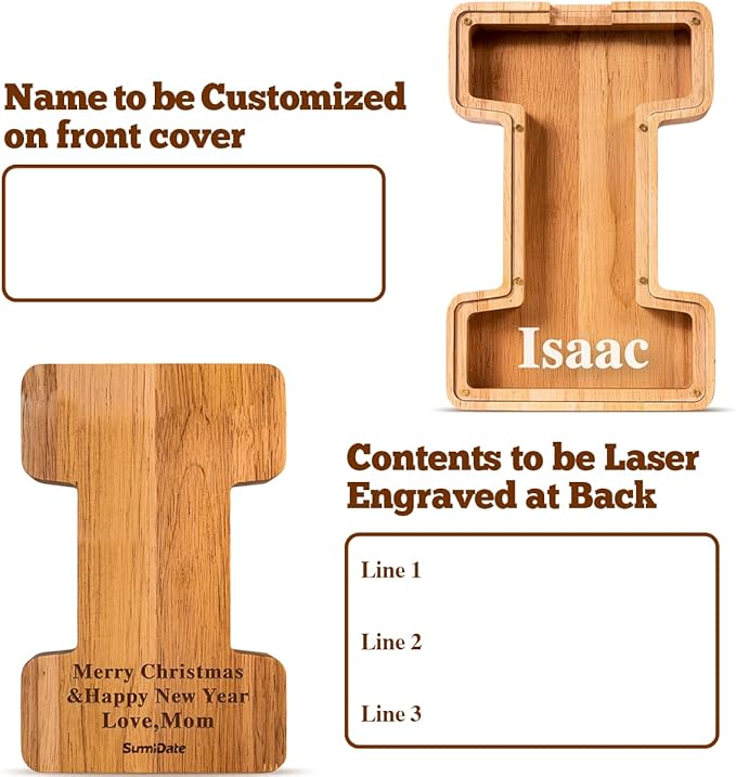Summidate Customized Name Large Wooden Piggy Bank for Kids Boys Girls Alphabets Letter A-Z Coins Bills Money Change Bank Box Initial on Clear Cover (Laser Engraved) (Alphabet-I, Personalized-9")