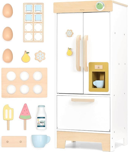 PairPear Wooden Toy Fridge for Kids Kitchen, Toddler Pretend Play Refrigerator with Real Ice‑Drop, Magnetic Stickers, Kids Toy Food Play Kitchen Accessory Gift for Boys & Girls Age 3+