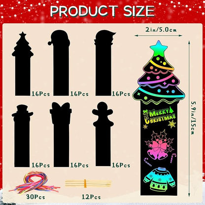AUGSUN 96Pcs Christmas Scratch Bookmarks, Cute Tree Santa Snowman DIY Crafts Kit Rainbow Magic Scratch Paper Art for Xmas Hanging Ornaments Party Favors