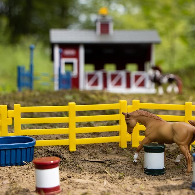 Breyer Stablemates Red Stable Set with 2 Horses – Realistic Horse Toys for Girls Ages 4–8, Barn Playset with Fencing, Barrels & Trough, Creative Gift for Kids, Imaginative Horse Play
