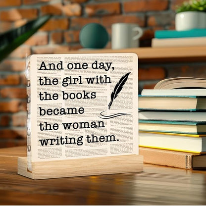 Writing Gifts for Women Girls, Funny Gifts for Writers Author Novelist Writing Lover, Retro Newspaper Acrylic Plaque Sign with Wooden Stand Home Office Decor