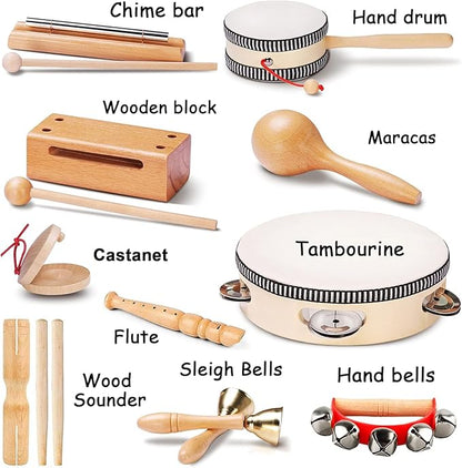 LOOIKOOS Toddler Musical Instruments, Eco Friendly Music Set for Kids Preschool Educational, Natural Wooden Percussion Instruments Musical Toys for Boys and Girls with Storage Bag