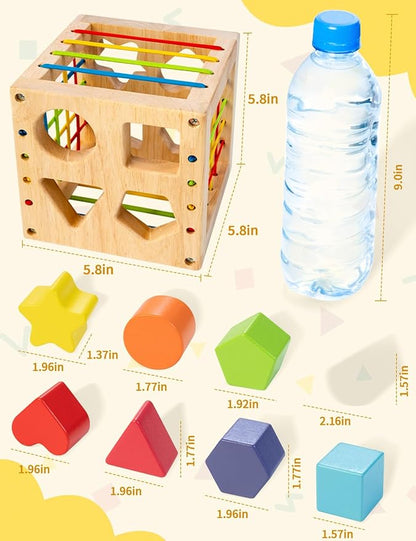 Montessori Toy for Toddlers, Shape Sorter for Babies, Wooden Shape Sorting Cube with 8 Rattling Blocks Baby Toys, Educational Learning Toy, Best Gift for Your Babies Boys Girls