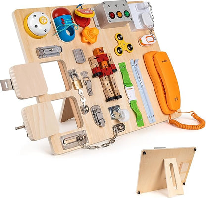 Montessori Large Busy Board for Toddlers 3 Years Old - 20 in 1 Wooden Sensory Educational Toys -Fidget Toys for Autistic Children-Preschool Learning Activities Fine Motor Skills