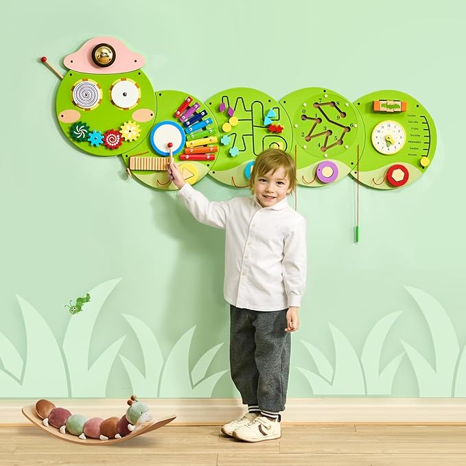 VEVOR Caterpillar Activity Wall Busy Board, 12 Activities Board, Montessori Sensory Panel for Kids 3-12 Years, Sensory Wall Activity Panel, Ideal for Toddler Playroom Nursery Classroom