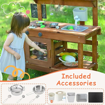 Mud Kitchen for Kids Outdoor 31.5in, Wooden Play Kitchen with Accessories for Kids Play Kitchen Set with Sink, Faucet, Plants Observation Room for Backyard Garden