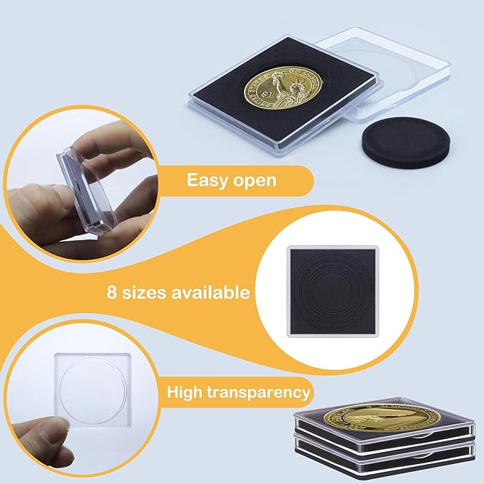 20 Pcs Clear Coin Collection Holders with Sponges 43mm Coin Capsules Morgan Silver Dollar Coin Snap Holder Protectors for Collectors (8 Adjustable Diameters: 19/21.5/24.5/27/31/33/38/40mm) (20)
