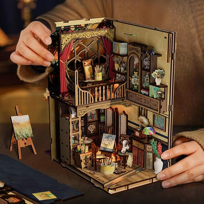 Book Nook Kit - DIY Miniature Dolls House Kit with Furniture and LED Light, 3D Puzzle Wooden Art Bookends, Model Kits for for Adults and Teens (The World in The Picture Frame)