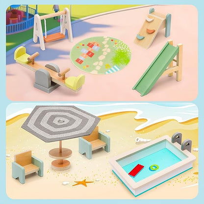 Wooden Doll House Furniture and Accessories Outdoor Play Set for Kids- Includes Slide, Swing, BBQ Grill, Pool & Garden - Perfect Doll House Decor Gift for Children 3-6 Years Birthday Christmas