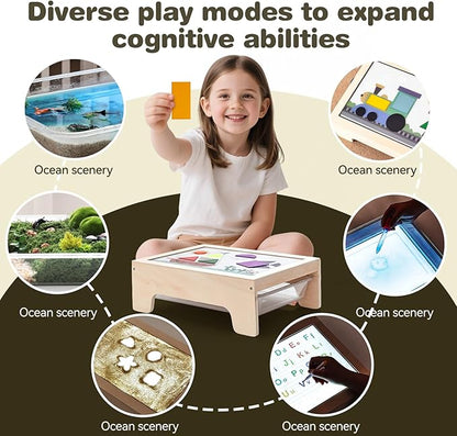 Light Table for Kids -Sand Painting Light Box All-in-One Sandbox Alternative with Tracing Light Box, 10 Dimming Levels & 50+ Pieces(USB)