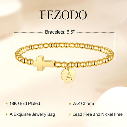 Gold Initial Bracelets for Women Girls Kids, Dainty 18K Gold Plated Cross Initial Bracelet Non Tarnish Beaded Bracelets Personalized Birthday Gifts for Women Girls Jewelry