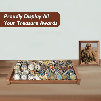 8 Rows Solid Wood Challenge Coin Display Stand - Military Holder for Up to 60-70 Coins - Ideal Rack for Army Navy Marine Corps Law Enforcement Collectors, Walnut Finish