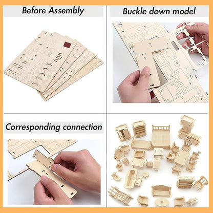 LOVEINUSA DIY Wooden Dollhouse Furniture Set, 3D Puzzle Miniature Room Accessories, Natural Wood (Pack of 2)