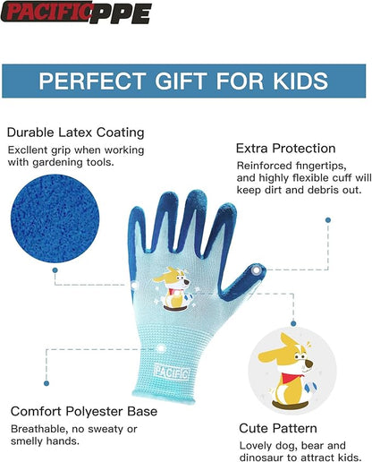 PACIFIC 3 Pairs Kids Gardening Gloves for Age 5-9, Toddler Rubber Coated Garden Gloves, Kids Work Gloves, for Children, Boys and Girls, Multicolor, XXS
