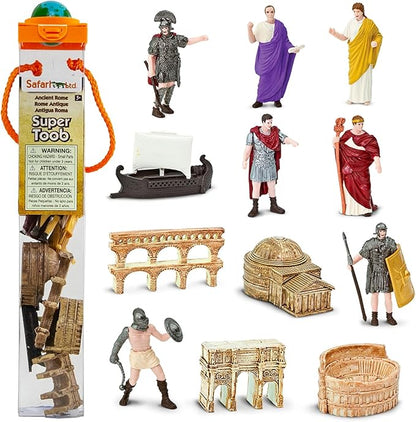 Safari Ltd. Ancient Rome Super Toob - Mini Figurines: Gladiator, Noblewoman, Centurion, Senator, Caesar, Emperor, Colosseum, Aqueduct, Pantheon & More - Educational Toy for Boys, Girls & Kids 3+