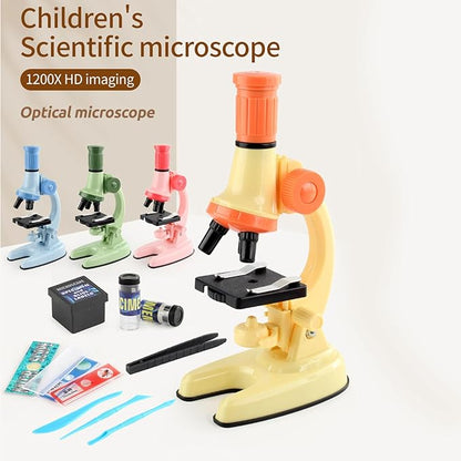 XD508 Microscope for Kids - 100X 600X 1200X Beginner Microscopes kit with LED Light, Science Educational Gift and Toy for Boy&Girl Birthday Halloween Christmas（Yellow）