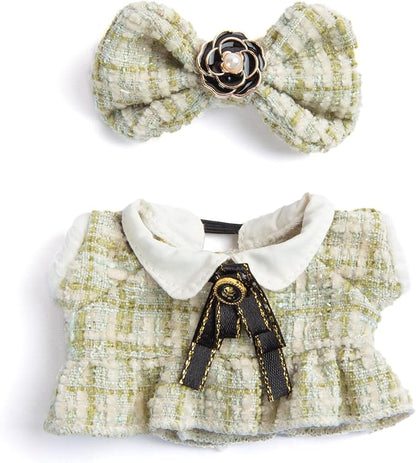 17cm Doll Clothes for Labubu - Luxury Chic Style Set for 17cm Dolls, Premium Doll Outfit with Accessories - Green Plaid Tweed Dress + Black Necktie + Plaid Bow (Clothes Only)