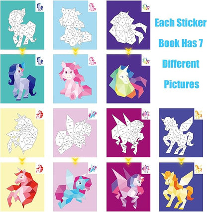 AEAHALY 4 Pack Paint by Sticker for Kids Crafts for Kids Ages 4-8 Sticker by Number Books Boys and Girls Birthday Gifts Party Favor, Travel Toys for Toddlers Learning (Princess+Animal+Horse+Vehicle)