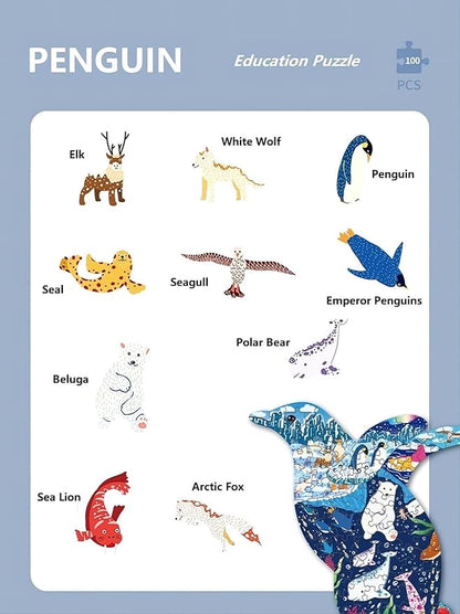 PINU Jigsaw Puzzles for Kids Ages 3-5, 6-8, 8-10, Children Colorful Fun Animal Shaped Puzzle Learning Educational Toys Gifts Games for Boys and Girls (Penguin-100 PCS)