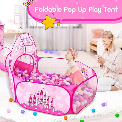 3pc Kids Play Tent for Girls with Ball Pit, Crawl Tunnel, Princess Tents for Toddlers, Baby Space World Playhouse Toys (3PC Princess Dream Tent)