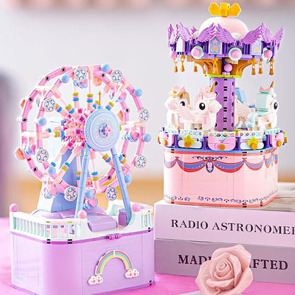 Music Box Building Toys, Rotating Ferris Wheel DIY Building Block for Girls and Boys 6-12 Years Old, 710 pcs, Christmas and Valentine Gifts for Adults and Aged 8 9 10 11 12 Kids