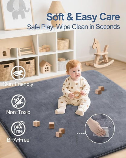 Large Thick Baby Play Mat for Floor,Padded 74x50 Playpen Mat,Foam Tummy Time Mats,Soft Support&Plush Feel Nursery Rug,Non Slip for Toddler,Infants,Kids Play,Yoga,Baby Crawling Mats (Dark Grey)