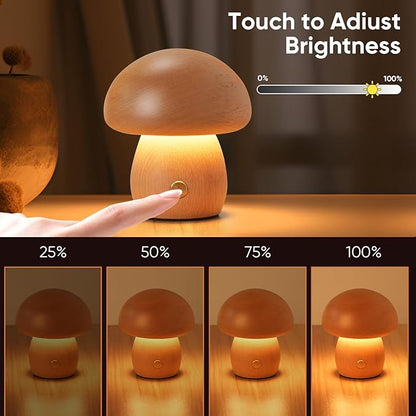 Wooden Mushroom Lamp, Portable Cordless Rechargeable Battery Operated Lamp,Stepless Dimming, Night Light for Birthday Gifts