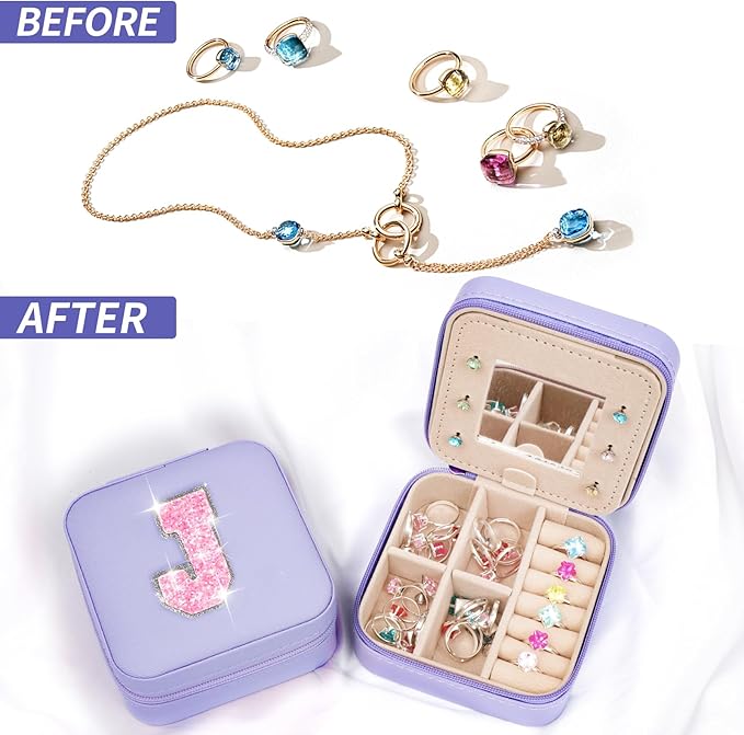 Travel Jewelry Case - Personalized Jewelry Box for Women,Small Jewelry Organizer Cute Jewelry Organizers and Storage Aesthetic,Travel Essentials Birthday Gifts for Girls Women | Lavender,J