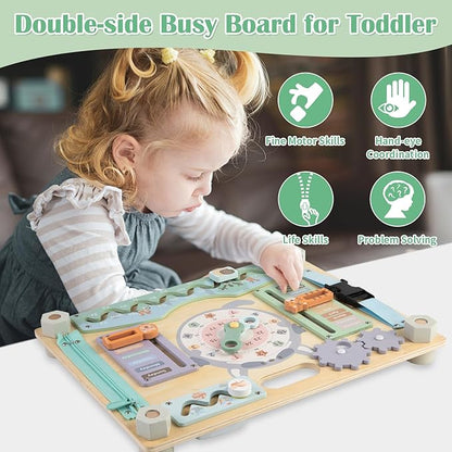 Double-Sided Wooden Busy Board for Toddlers, Sensory Activity Board, Montessori Travel Toy for Kids Age 3-5, Educational Toy for Autism, Ideal Choice for Baby Girls or Boys Birthday