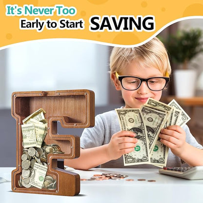Summidate Large Wooden Piggy Bank for Kids Adults, Alphabets Letter A-Z Piggy Bank for Boys Girls, Coins Bills Change Bank Box Personalized Initial Name Kids Money Bank for Birthday Present and Decor