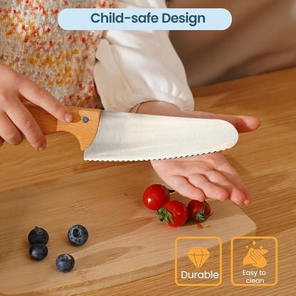 Kibbidea Kids Knife Set for Real Cooking Safe, 4pcs Kids Kitchen Cutting Chopping Knives, Food-grade Stainless Steel Blades, Metal Children First Starter knife, BPA-free Tool (Silver)