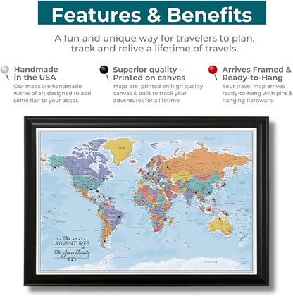 Push Pin Travel Maps Canvas - Personalized Blue Oceans World with Rustic Brown Frame