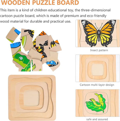 jojofuny Wooden Multi Layered Puzzles, Life Cycle of Butterfly, Cartoon Montessori Toy DIY Puzzle Early Educational Toy for Children Kids