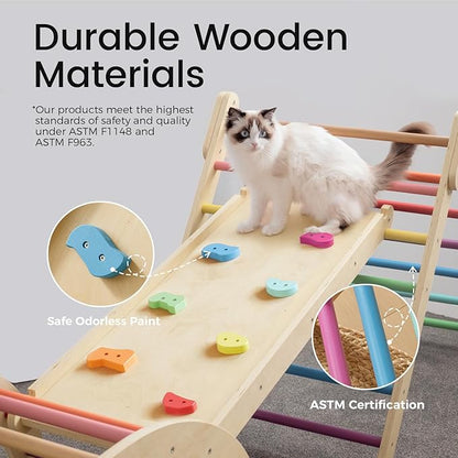 Tiny Land Pikler Triangle Set, 7-in-1 Foldable Pikler Triangle Climbing Toys Set for Kids,Baby Indoor Playground Jungle Gym, Wooden Montessori Climbing Set for Toddler (Rainbow,Large)