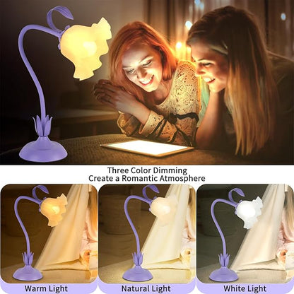 Cute Flower Desk Lamp, 3 Color Temperature Table Lamp with LED Bulb, Vintage Bedside Lamps, Reading Lamps with Soft Light for Bedroom, Living Room（Purple）