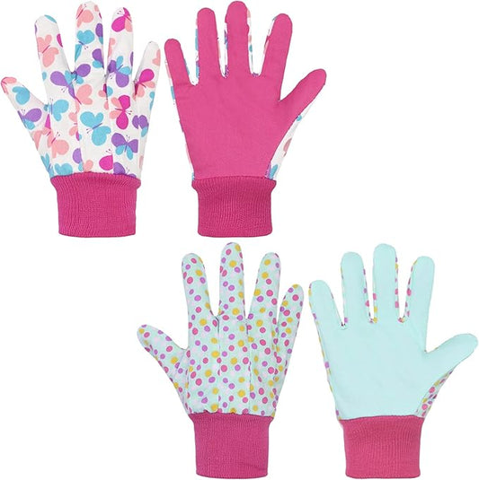 HANDLANDY 2 Pairs Kids Gardening Gloves, Girls Boys Children Garden Work Play Gloves (Pink Butterfly & Dot, Small)