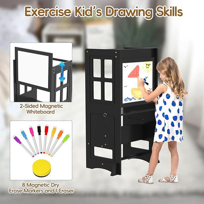 4 in 1 Kitchen Step Stool Helper for Toddlers, Adjustable-Height Toddler Learning Standing Tower with Double-Sided Whiteboard, Non-Skid Feet Kids Step Stools for Kitchen Counter Bathroom Sink
