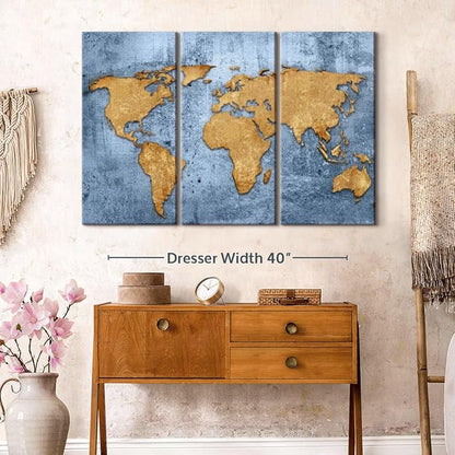 ElephantStock Azure World Map Wall Art Multi Piece Canvas - 3 Panel Wall Decor - Map of the World Art - Canvas for the Office and Home - 50" X 32"