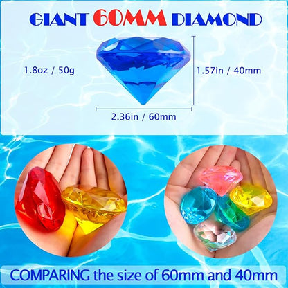 Niceup 60mm Large Diving Gems Pool Toys for Kids 7PCS 2.36in Acrylic Fake Jewel Gemstones Princess Mermaid Dive Party Favors Swimming Toys Red Blue Purple Green Clear Yellow Pink