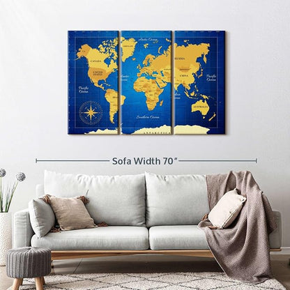 ElephantStock Yellow Longitude World Map Multi Piece Canvas - 3 Panel Wall Decor - Map of the World Art - Canvas for the Office and Home - 50" X 32"