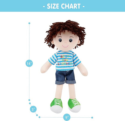 June Garden 14" Snuggle Cutie Benny – Best Big Brother Soft Plush Doll – Stuffed Boy Doll with Blue Striped Shirt and Green Shoes – Ideal Gift for Toddlers & Big Brother Celebrations - Blue M