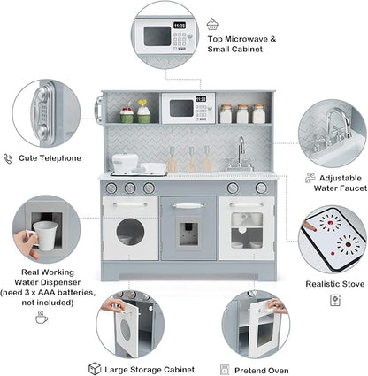 Costzon Kids Kitchen Playset, Wooden Pretend Cooking Playset w/Stove, Fridge, Microwave, Removable Sink, Water Dispenser w/Light Sound, Cabinets, Great Gift for Boys Girls