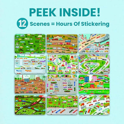 CUPKIN Sticker Book for Kids 2-4, 500+ Kids Stickers, Cars, Trucks, Planes & Trains 12 Coloring Pages 12 Side by Side Scenes, Fun Toddler Travel Activity Coloring and Sticker Books for Ages 4-8 + 8-10