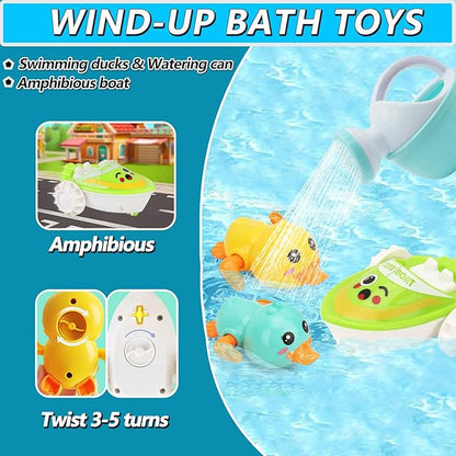 No Hole Bath Toys for Babies 6-12+ Months, Wind-up Swimming Ducks & Boat Bath Toys for Kids Ages 1-3, Baby Pool Toys Fishing Net Water Toys Watering Can, Toddler Bath Toy for 1+ Year Old Boy Girl