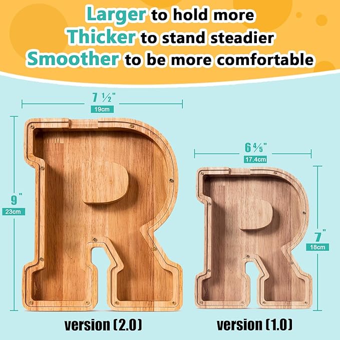 SummiDate Wooden Letter Piggy Bank| Piggy Bank for Boys Girls Toddler| Alphabet R Money Bank| Coin Bank Birthday Gift for Kids|Birthday Gift for Kids (R)