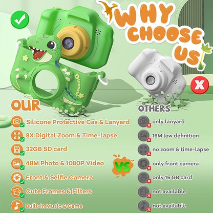 Upgraded 48MP Kids Camera for Girls Boys 3-12, Video Selfie Camera-Christmas Birthday Dinosaur Gift for Toddler, HD Digital Camera Toy for Child with 32GB SD Card & Silicone Cover (Green)