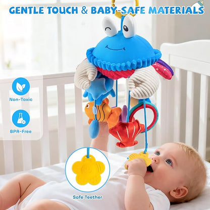 Car Seat Toys for Babies 0-6 Months, Hanging Baby Activity Toy for Stroller, Crib & Gym, Tummy Time Sensory Crab Plush Toys for Newborn, 0 3 6 9 12 M Clip-On Montessor Toy, Baby Boy Girl Gifts