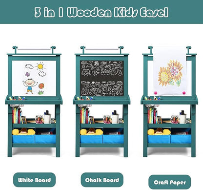 Costzon Kids Art Easel, 3 in 1 Double-Sided Wooden Easel w/Magnetic Whiteboard, Chalkboard & Paper Roll, 2-Tier Rack w/ 2 Storage Boxes, Standing Easel for Kids, Toddlers, Boys, Girls (Blue)