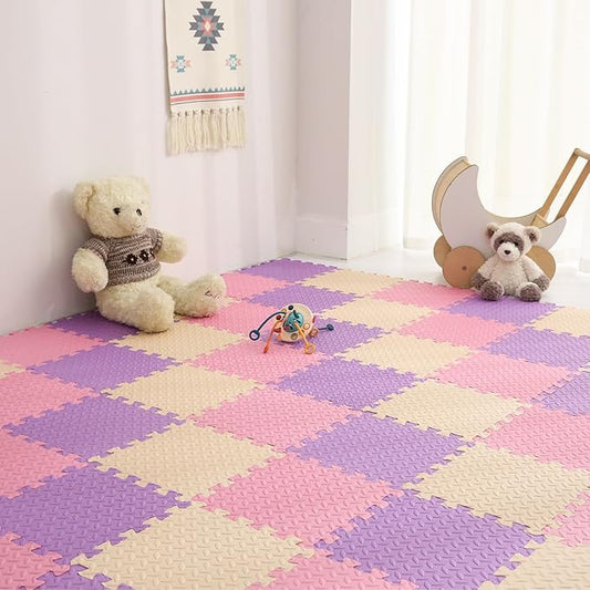 36 Tiles Foam Play Mat for Baby, 0.4 Inch Thick Foam Interlocking Floor Mats, Soft Non-Toxic Baby Playmat, Solid Colored Puzzle Play Mat Kids Floor Mats for Toddler(Pink/Beige/Purple)